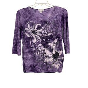 VTG Y2K Dressbarn Purple Floral Rhinestone Top PL Fairy Grunge whimsigoth